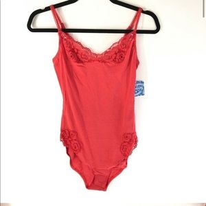 Intimately Free People Side of Sass Lace Trim Bodysuit Beaded Red Size M